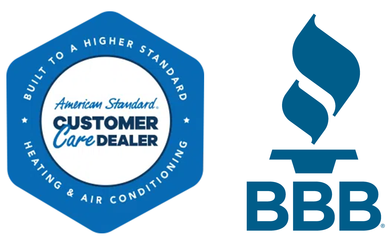 American Standard Customer Care Dealer badge and BBB logo for trusted HVAC heating and air conditioning services.